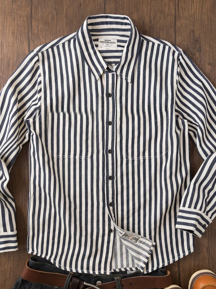 Heavyweight American Retro Blue White Stripes Cotton Long Sleeve Shirt Washed Pure Cotton Double Pocket Workwear Men's Shirt