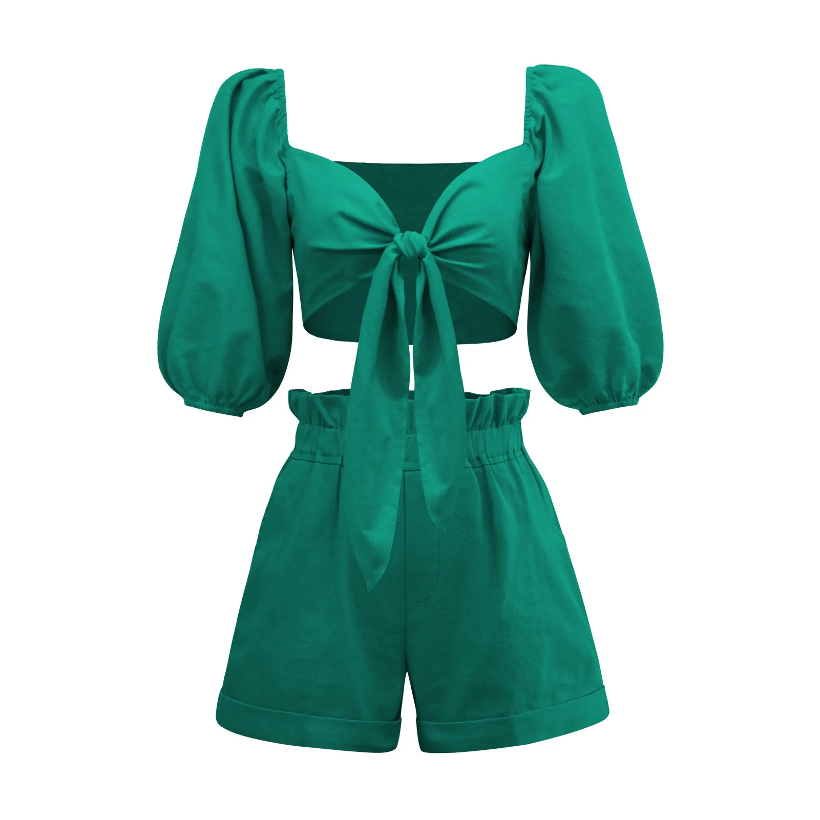 Spring/Summer New Solid Color Fashion Sexy Cotton Cardigan Top Pocket Shorts Casual Set Two Piece Sets Womens Outifits