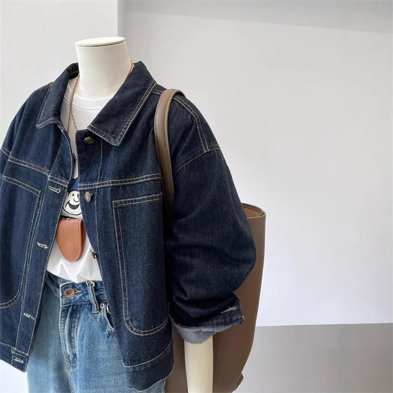 

Pop Dark Blue Short Denim Jacket Women Workers Autumn New Korean Version New Jean Coats Pocket Single Breasted Lapel Casual Outw