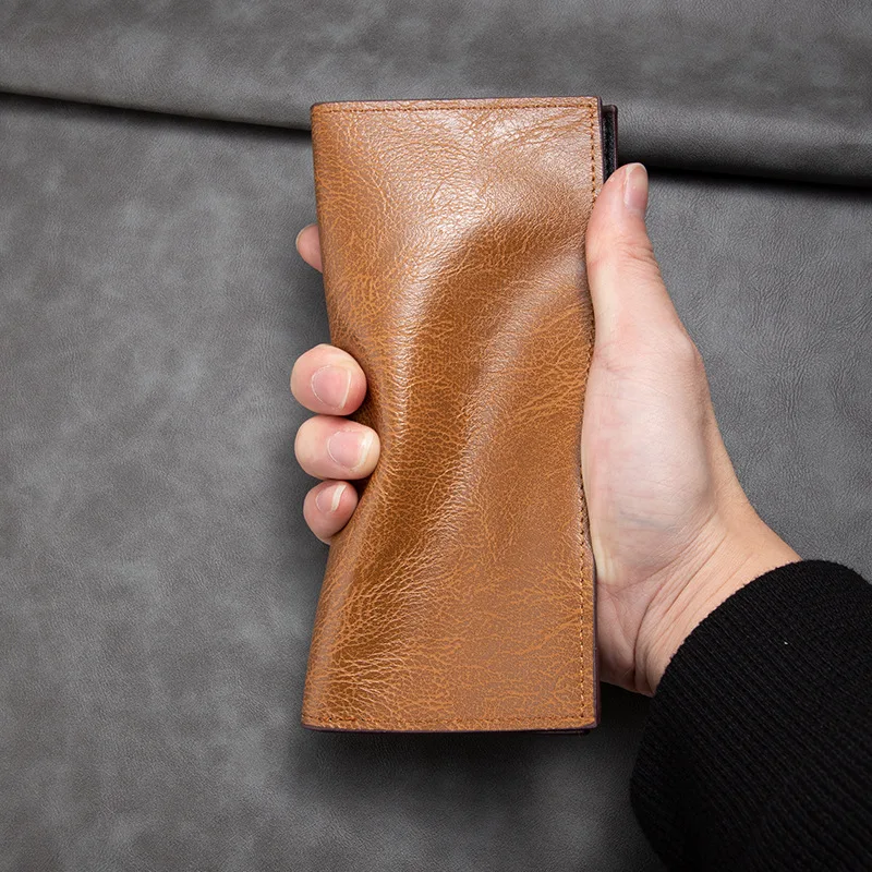 Men's Long Wallet Ultra-Thin Multi-Card Slot Business Leather Card Holder Retro Money Clip
