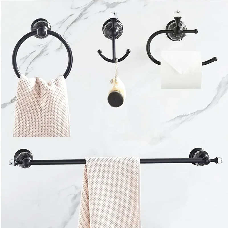 Black Luxury Bathroom Hardware Sets Crystal Retractable Towel Bar Wall Mounted Paper Rack Double Hooks Towel Ring