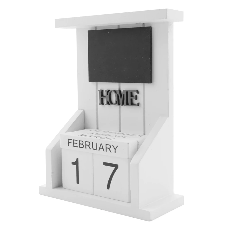 Wooden Desk Block Calendar-Perpetual Calendar Month Date Display Home Office Decoration (White)