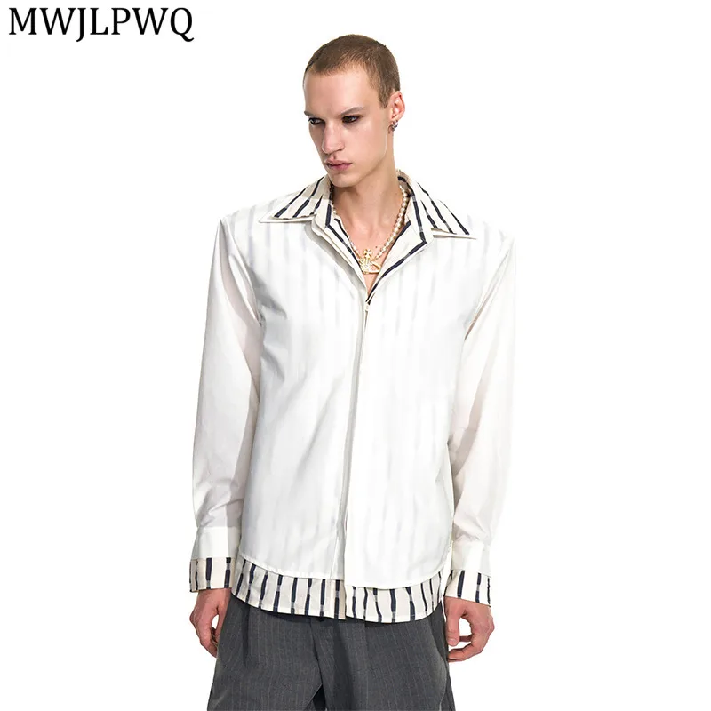 

MWJLPWQ Solid Color Striped Patchwork Fake Two-piece Shirts Men's Long Sleeve High-end Double Collar Pad Shoulder Tops New 11748