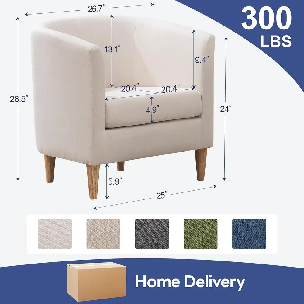 Accent Barrel Chair, Living Room Chairs with Armrest and Sot Padded, White | Wood e, Removable Cushion, Tool-ree Assembly, ern C