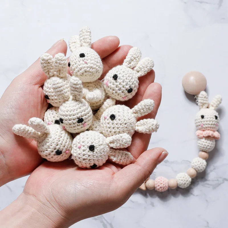 

Handmade Crochet Beads Elephant Rabbit Chewable Beads DIY Wooden Teether Beads Baby Pacifier Chain Accessories Newborn Teething