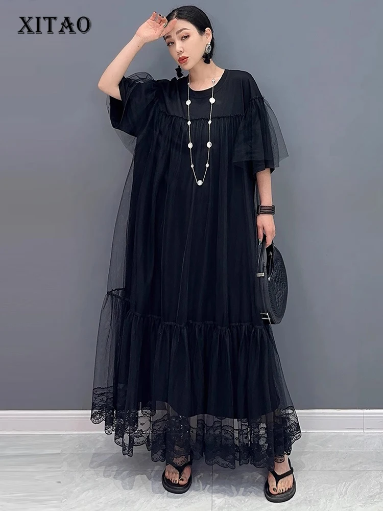 

XITAO Black Gauze Patchwork O-neck Pullover Dresses Short Sleeve Loose Temperament Slimming 2024 Summer New All Match ZY8865