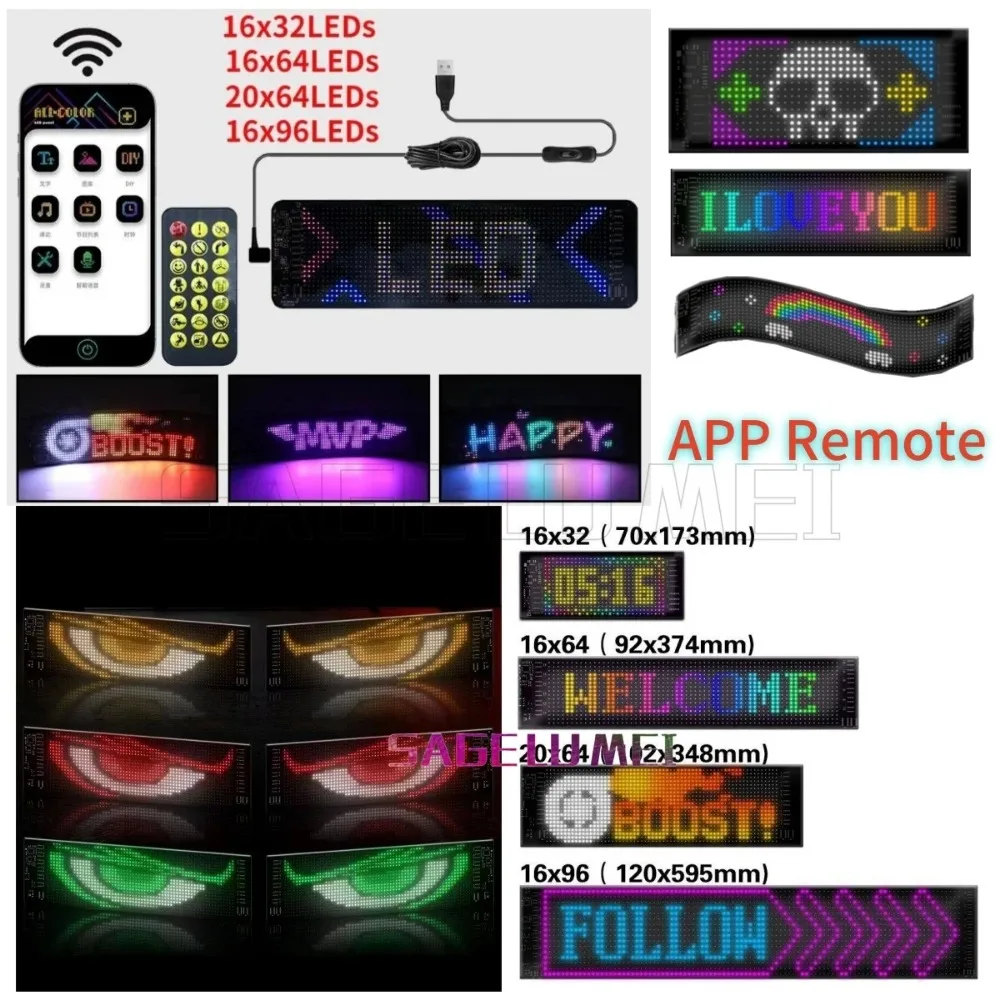 1/2PCS USB 5V LED Car Display Matrix Pixel Panel Screen with Remote Bluetooth App Control Scrolling Bright Advertising LED Logo