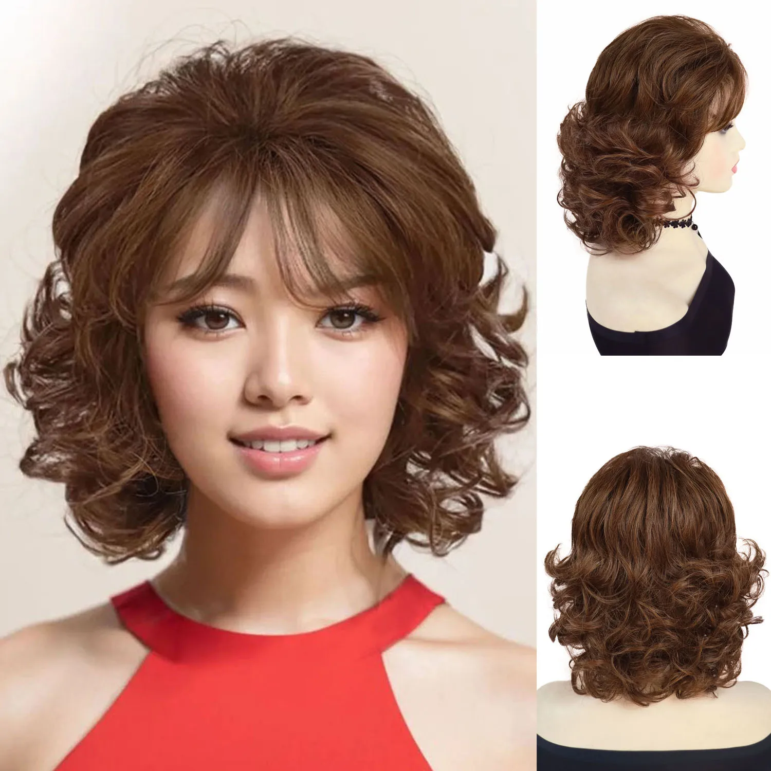 

Синтетические короткие вьющиеся светло-коричневые парики с челкой для женщин, парик для замены волос для мамы и старшего женщины, повседневная одежда, термостойкий