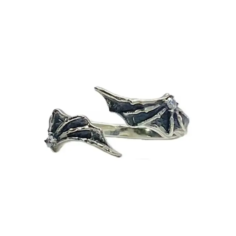 Halloween Gothic Bat Wing Skull Ring, 925 Silver Open Band Inlaid White CZ, Punk Party Jewelry for Couple, Anniversary Gift