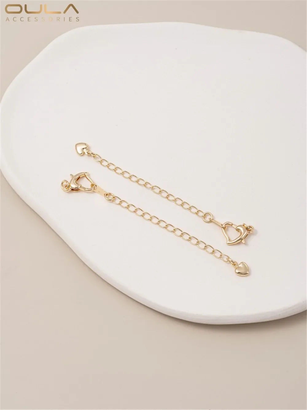 

14K Gold Heart Shaped Extension Chain with Lobster Buckle Hanging Water Drop & Peach Heart Love Tail for DIY Bracelet Or Necklac