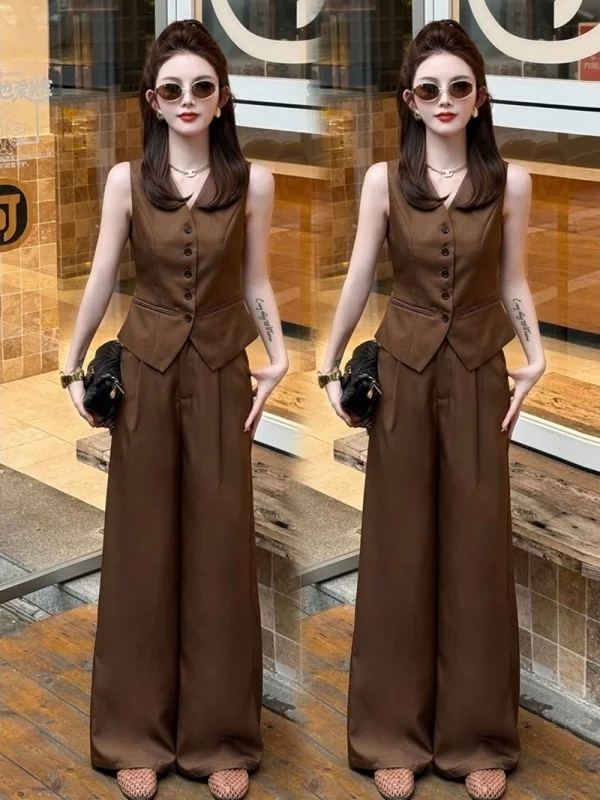 Fashionable High Waist Wide Leg Pants Vest Set Women's Summer New Style Elegant Old Money Style Two Piece Suit Breathable Qui...