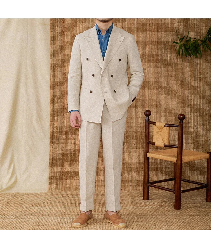 Fashion Linen Men Suits 2 Piece Double Breasted Peak Lapel Male Suit Slim Summer Casual Daily Office Wedding Party Tuxedo