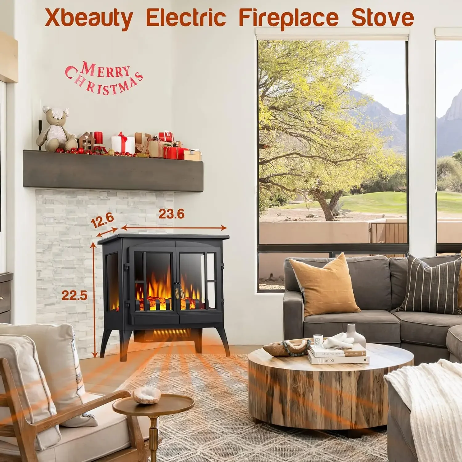 Electric Fireplace Stove, Freestanding Fireplace Heater with Realistic Flame, Indoor Electric Stove Heater, Portable, In