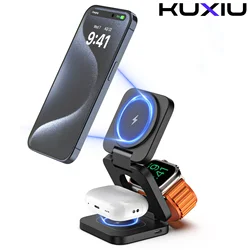 KUXIU Magsafe Wireless Charger, 3 in 1 iphone Charger Foldable Holder for iPhone 15 14 13 12Pro/Max/Plus, AirPods 3/2,iWatch8 9