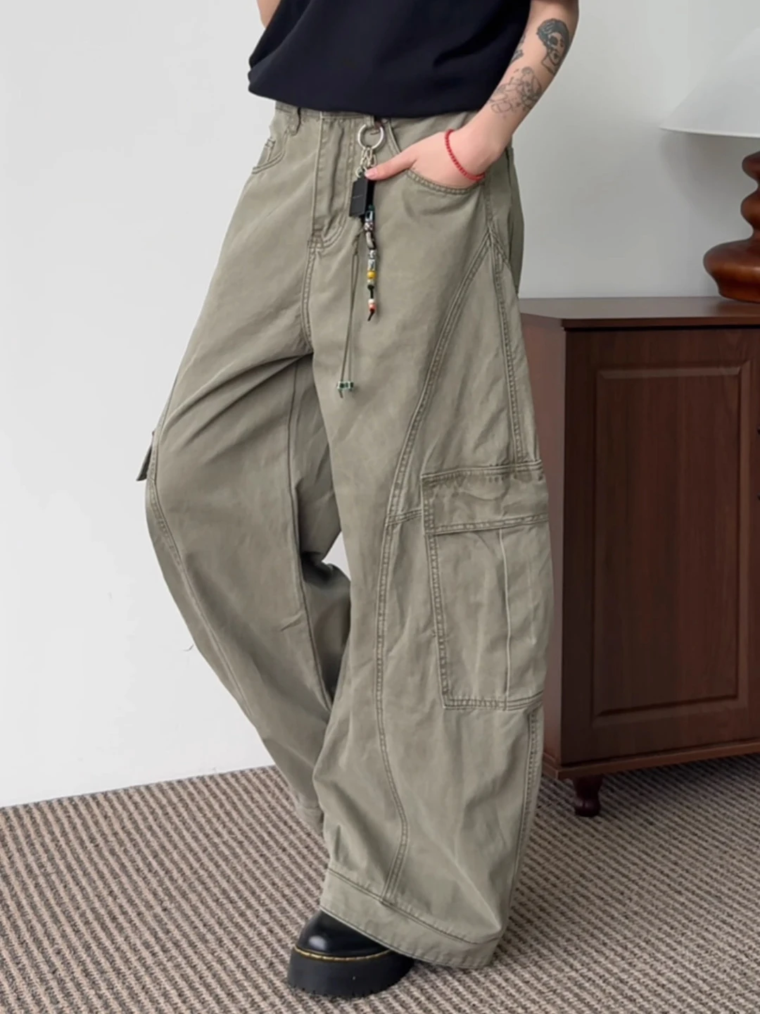 

Tea een Workwear Knife Men's Denim Jeans Fall American Sle Big ket Paratrooper Pants Deconstructed Wide Leg Trousers