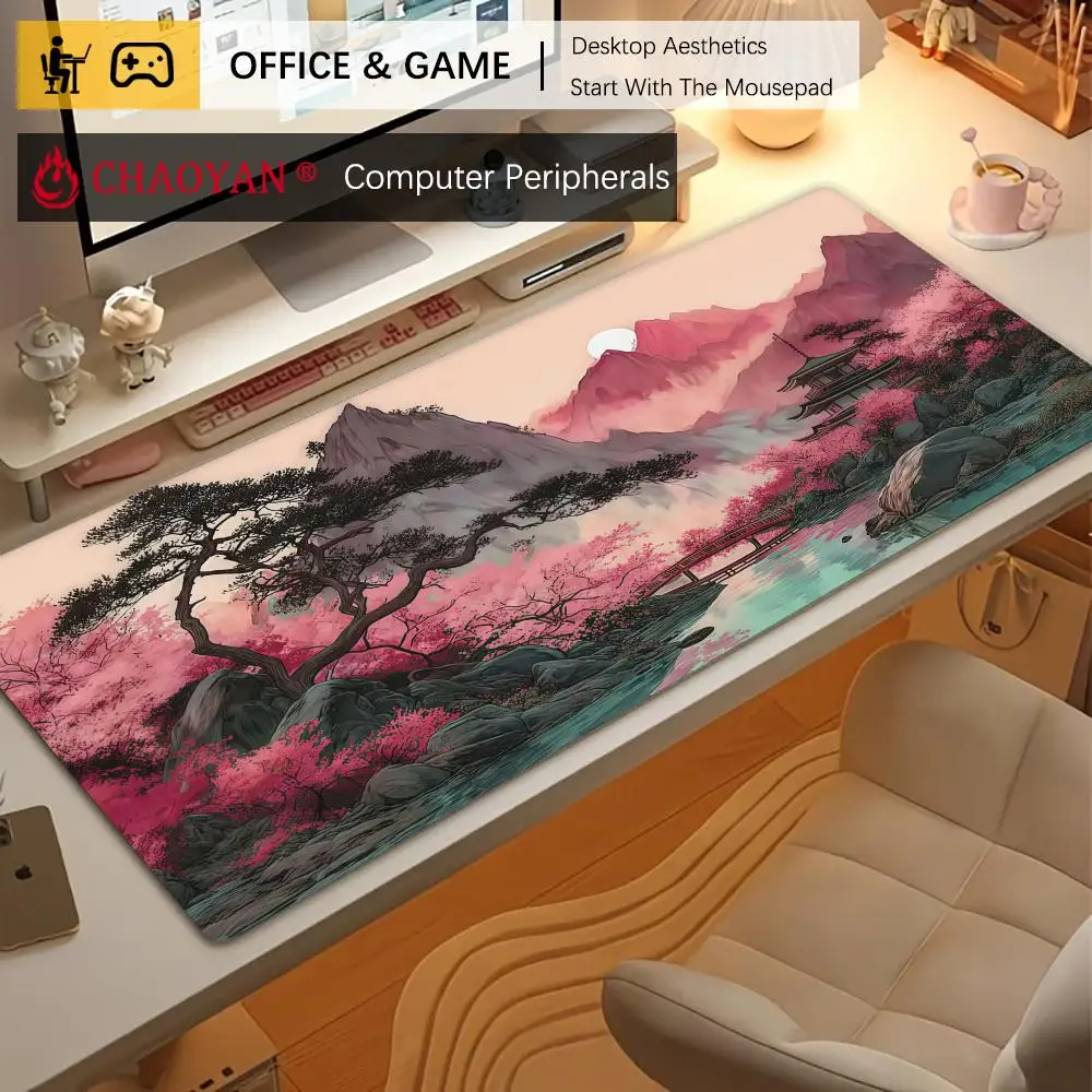 

Коврик для мыши в стиле укиё-э с художественным пейзажем, нескользящий, прочный, для офиса и игр, с прошитыми краями, HD-печать