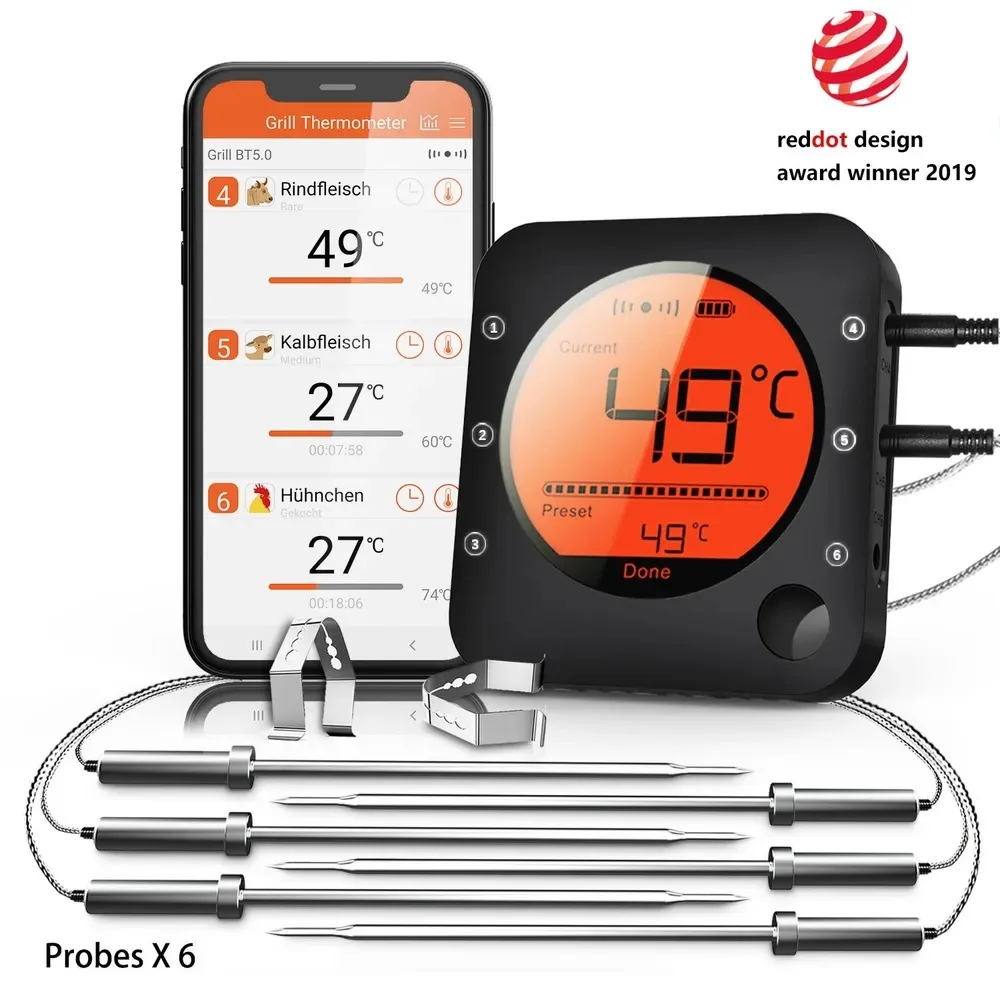 Termometr do mięsa Bluetooth Cyfrowy termometr kuchenny BBQ Obsługa 6 sonda do wędzarni Gotowanie Grill Piekarnik Cukierki