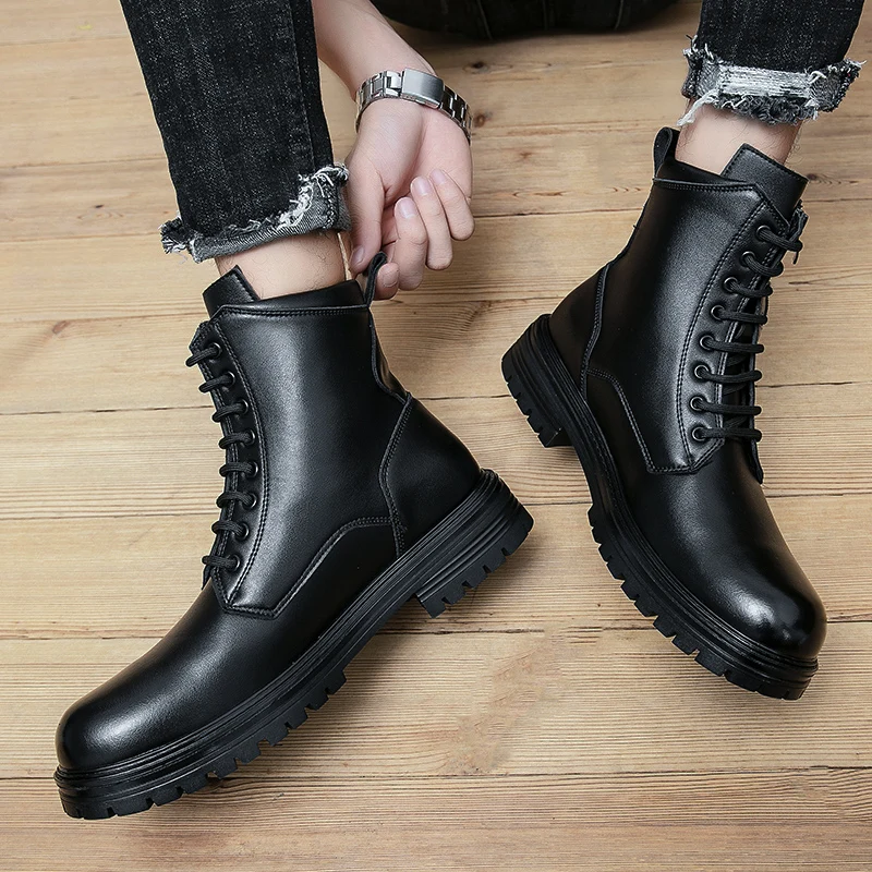 British style men's leather boots 2023 Spring autumn high top vintage tooling black motorcycle boots