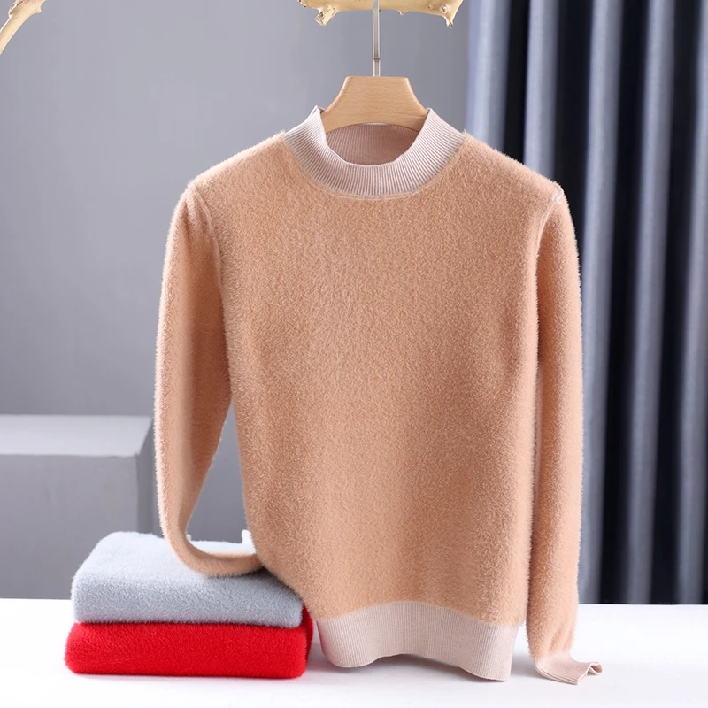 Mock Neck Sweater Women Tops 2024 Lined Warm Sweater Knitted Pullover Tops Autumn Winter Streetwear Jersey Knitwear Jumper