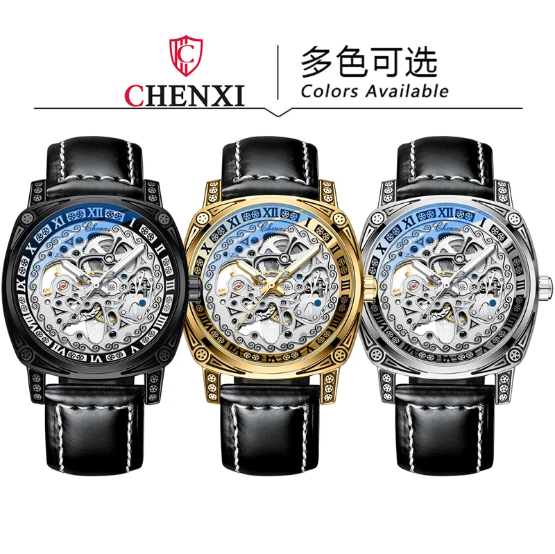 CHENXI 8825 Top Brand Transparent Fashion Case New Casual Design Leather Steel Mens Watches Luxury Mechanical Skeleton Watch