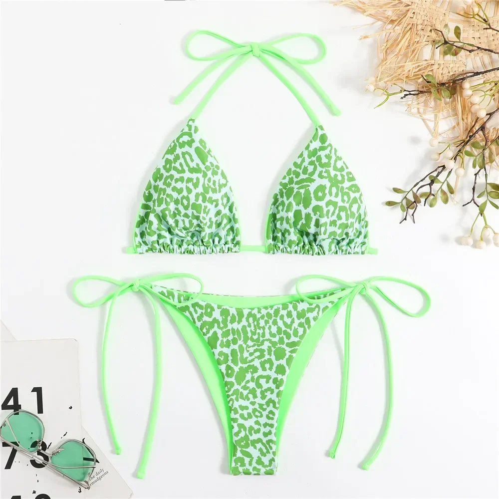 

Pink Leopard Print Triangle Bikinis Sets Sexy Swimsuit 2024 Micro Thong Swimwear Bathing Suit String Halter Bikini Mujer Biquini