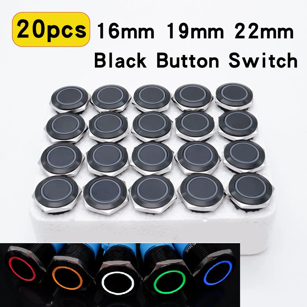 

20pcs 16mm 19mm 22mm Metal Push Button Switch LED Ring Power Light Momentary Latching Waterproof 5V 12V 24V 220V Black 1NO1NO