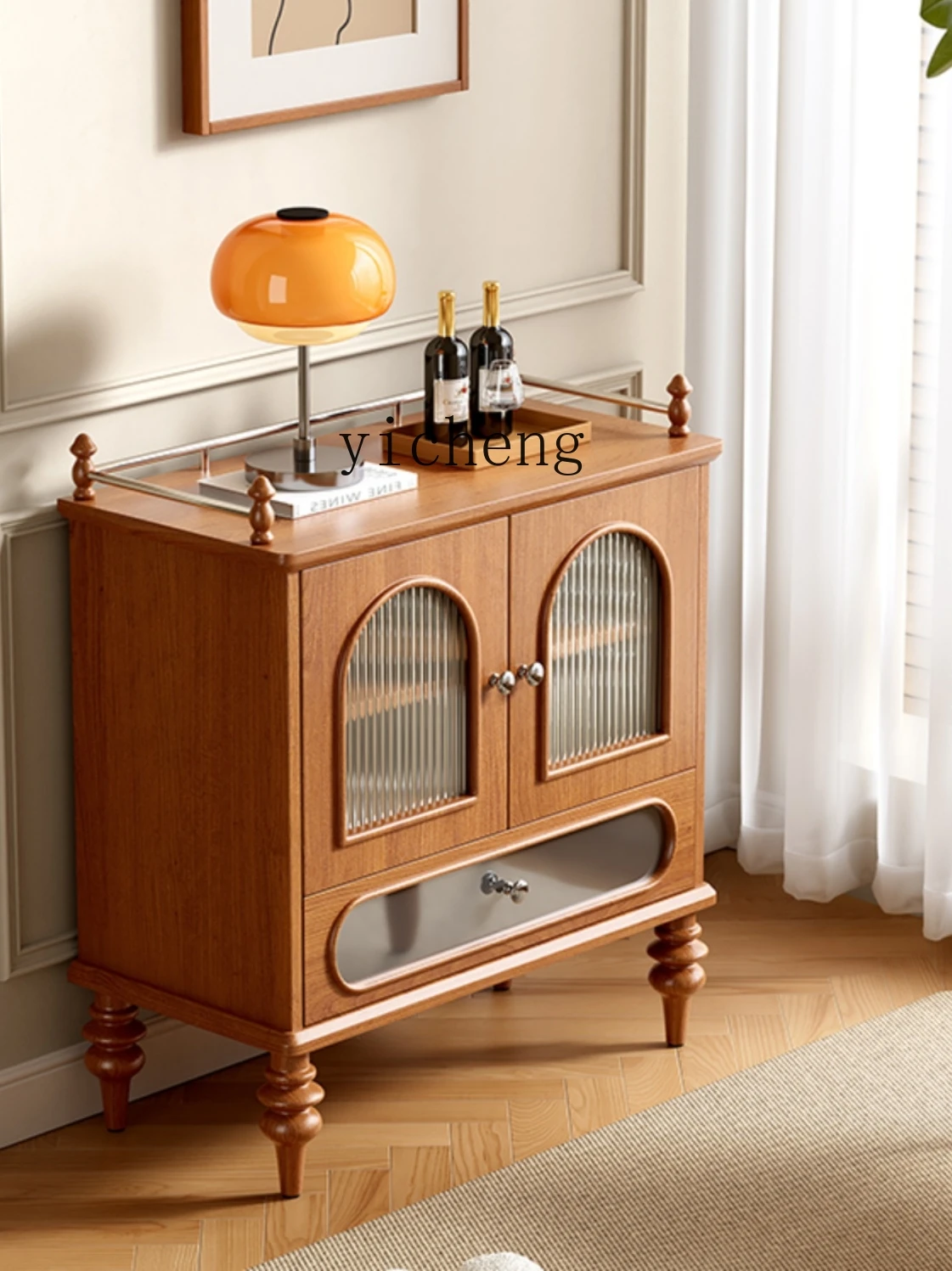 Solid Wood Sideboard Cherrywood Tea Vintage Changhong Glass Roman Column Sofa Cabinet