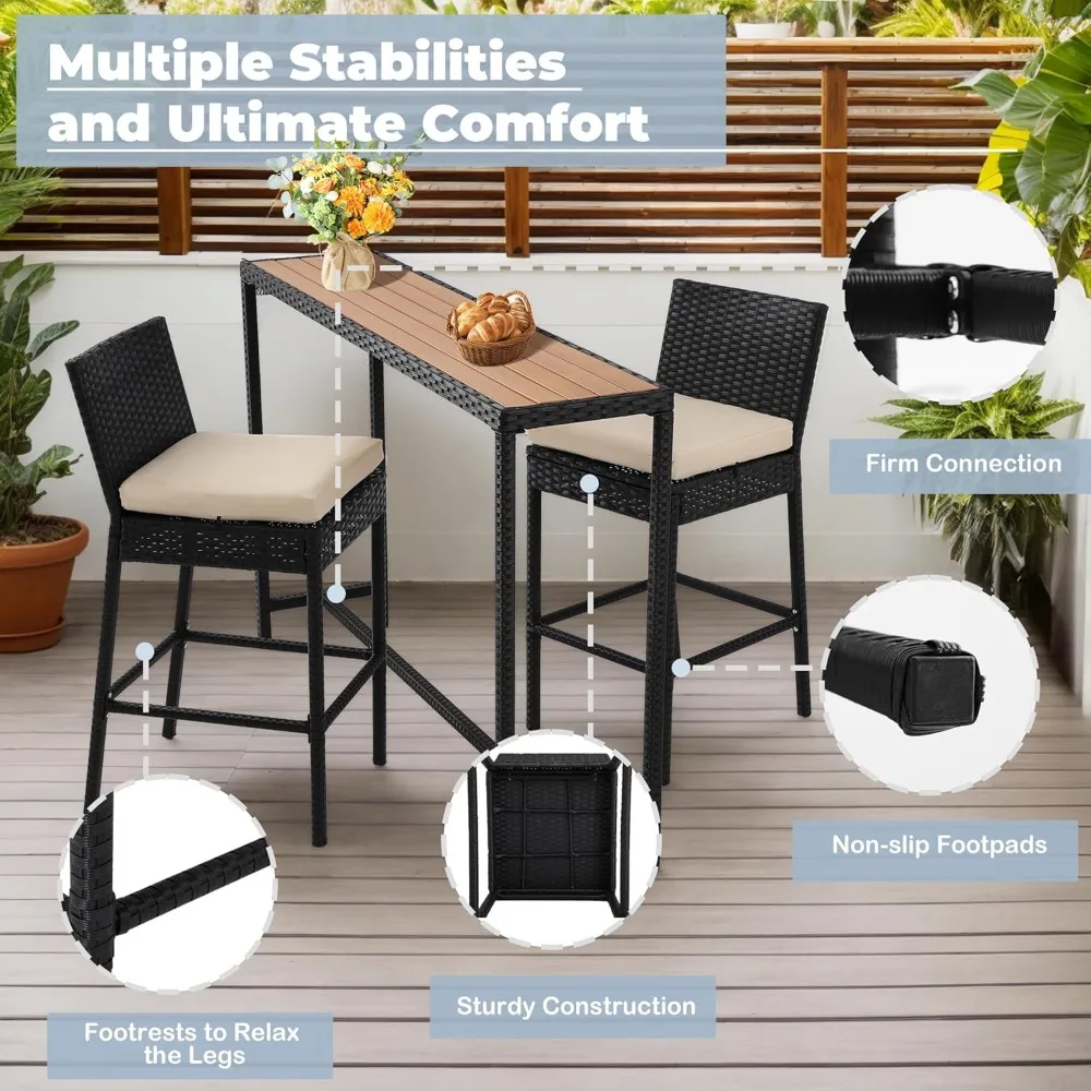 Patio Bar Dining Set: Outdoor Durable Bar-Height Table & Cushioned Stools – Metal Set for Balcony, Backyard