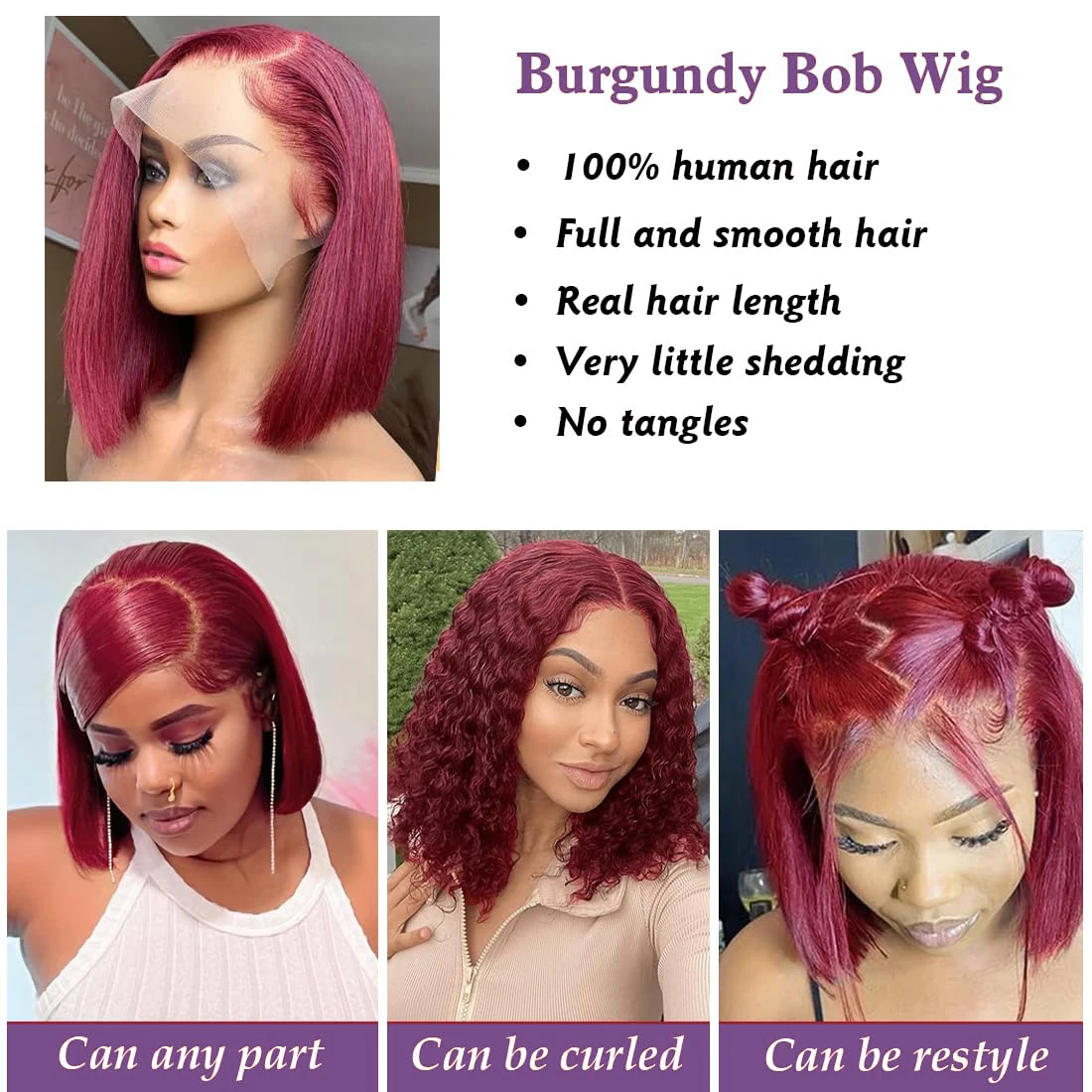 Perruque Bob Lace Front Wig naturelle rouge bordeaux 99J, 13x4, 8 pouces, pre-plucked, avec baby hair, densité 150%, pour femmes