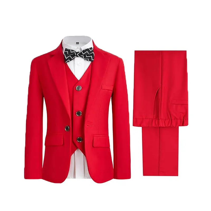 Boys Red New Year Celebration Suit Children Slim Fit Jacket Vest Pants Bowtie Photograph Dress Kids Wedding Performance Costume