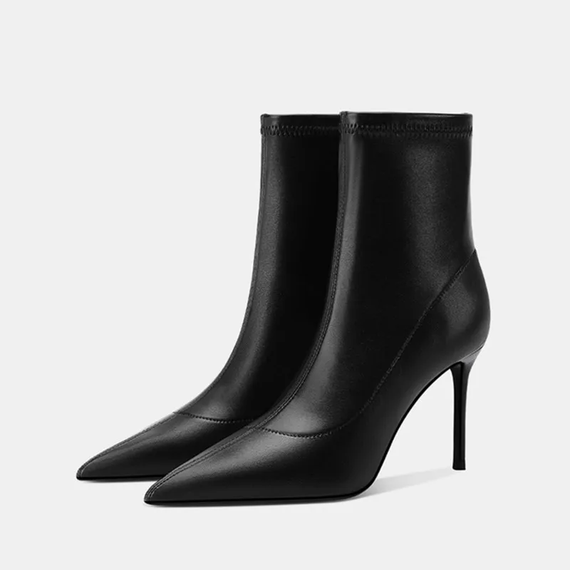 

Women Thin Heel Boots Comfortable Soft Spring Autumn strecth Ankle Boots Genuine Leather Winter Boot Mid Calf