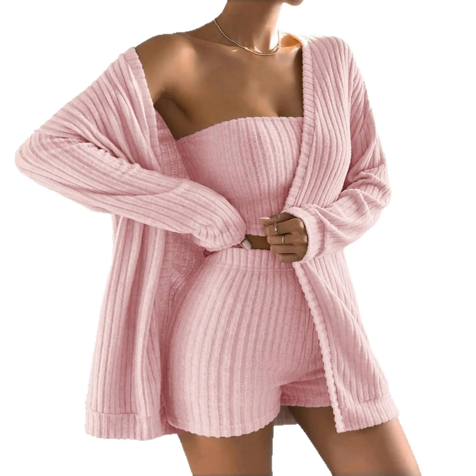 Women's Brushed Ribbed Pajamas Sexy Long Sleeved Pijamas Sleepwear New Three Piece Cardigan &Tube Top &shorts Set Home Clothes