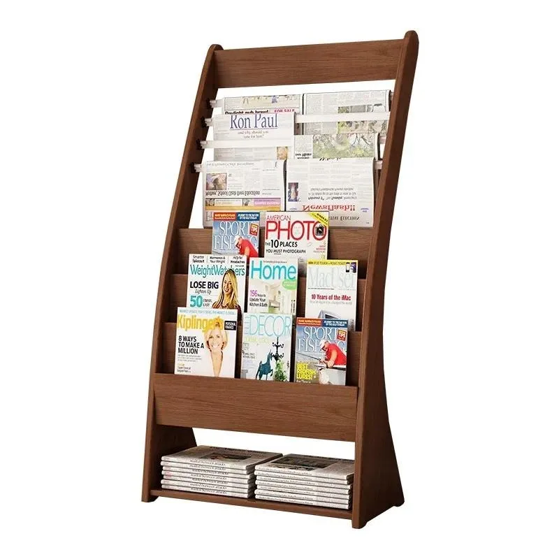Wooden Floor Standing Newspaper Rack Office Magazine Holder Bookshelf Display Shelf for Promotional Materials Storage