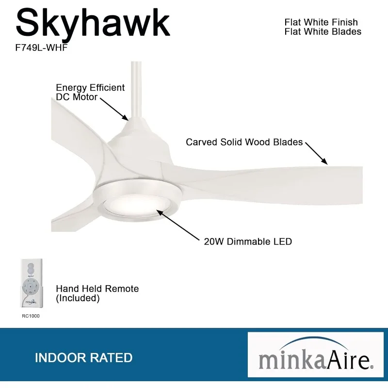 MINKA-AIRE F749L-WHF Skyhawk 60 Inch LED Ceiling Fan with Carved Wood Blades, Integrated LED Light and DC Motor in White Finish