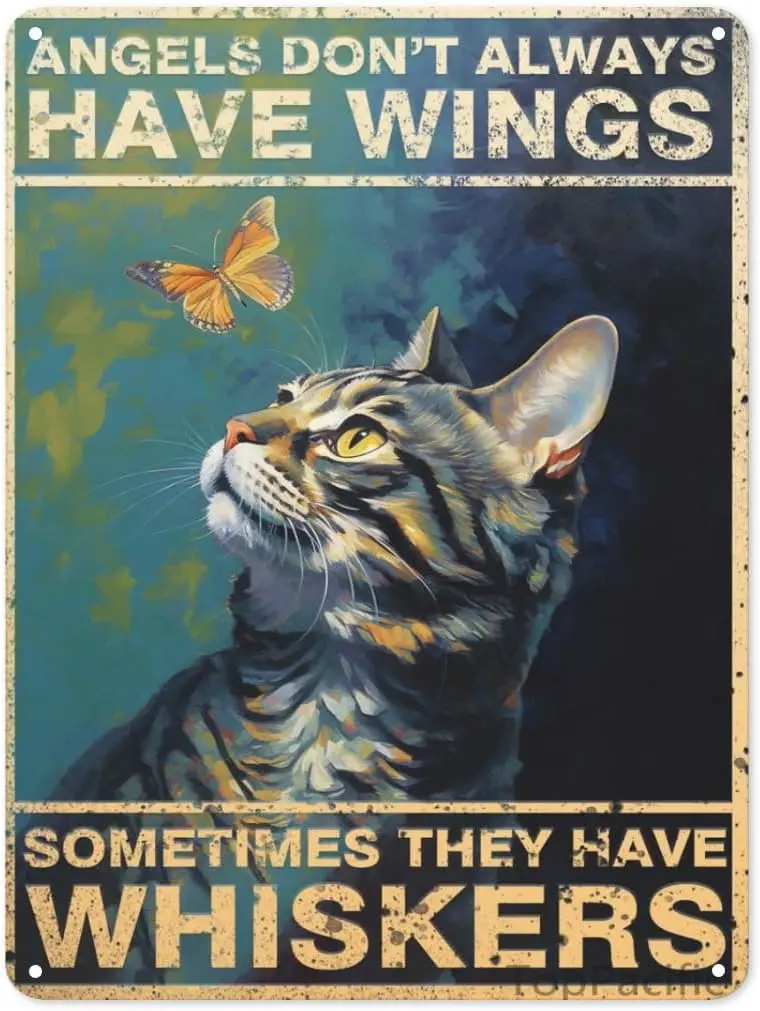 Vintage Metal Plaque,Angels Dont Always Have Wings Sometimes They Have Whiskers,Cute Cat Metal Wall Poster,Funny Bathroom Metal