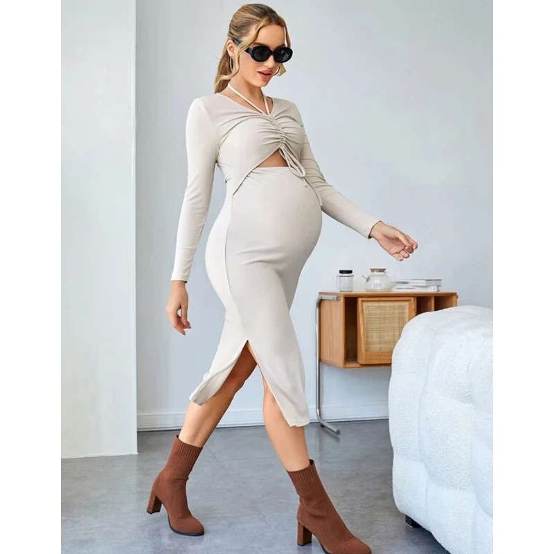 

Maternity Cut Out Drawstring Front Split Thigh Dress