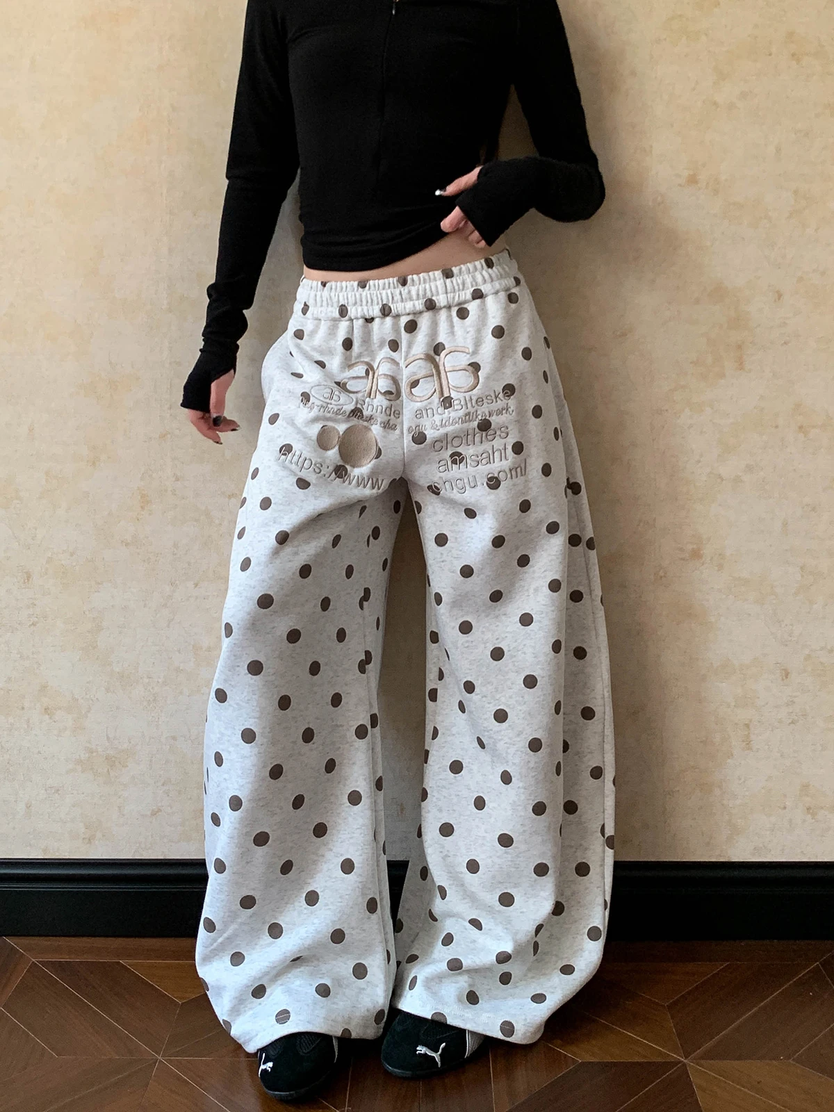 

Aket American Polka Dot Print Dstring Wide Leg Casual Pants Women's Letter Embroidery Versatile Slimming Straight Cut
