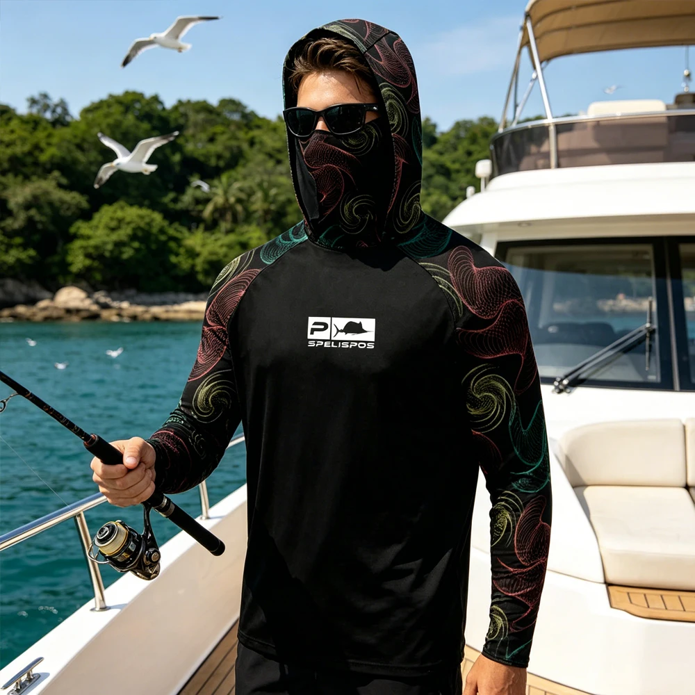 

Men Long Sleeve Fishing Hoodie With Face Mask UPF50+ UV Protection Quick Dry Lightweight Breathable Fishing Shirt for Fishing