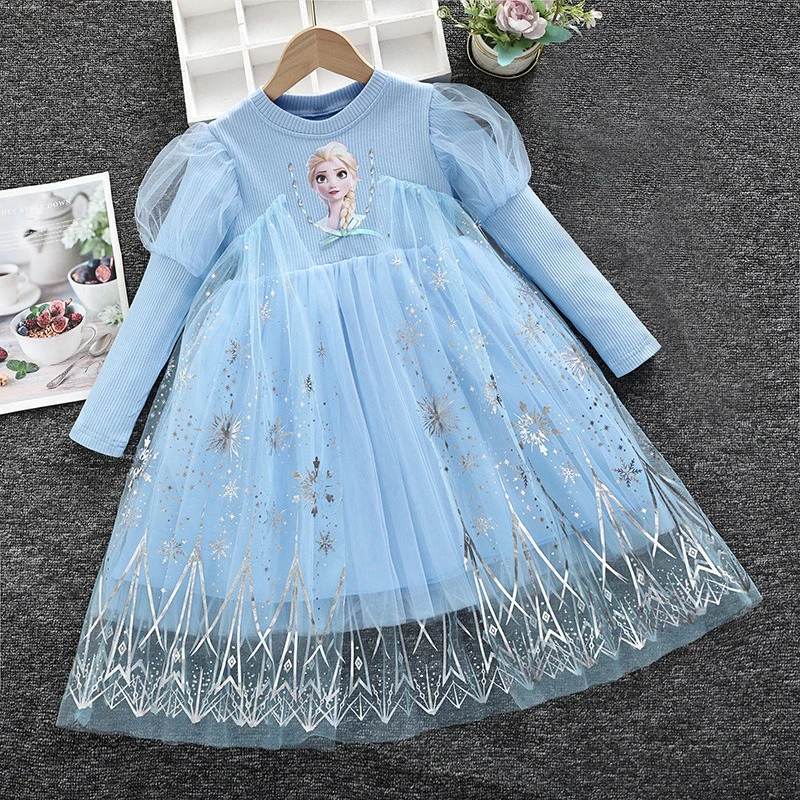 

Disney Girls Dress Frozen Princess Dress Long-sleeved Blue for Children Gauze Pink Kids Dress Elsa Anna Birthday Party Clothes