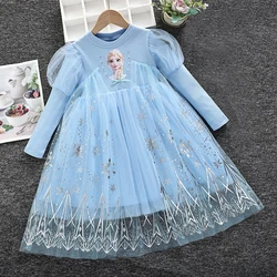 Disney Girls Dress Frozen Princess Dress Long-sleeved Blue for Children Gauze Pink Kids Dress Elsa Anna Birthday Party Clothes