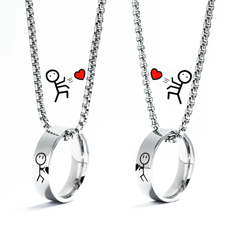 Originality Stick Man Funny Doodle Heart Lover Couple Pendant Necklace For Men Women Stainless Steel Chain Fashion Jewelry Gift