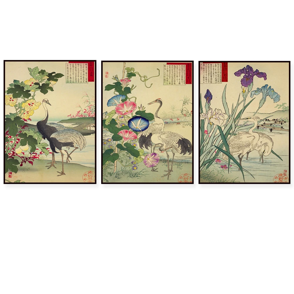 Blumenvögel Poster Vintage Blumen und Vögel japanische Drucke Kraniche und Reige Vintage Wandposter antike Vögel Gemälde