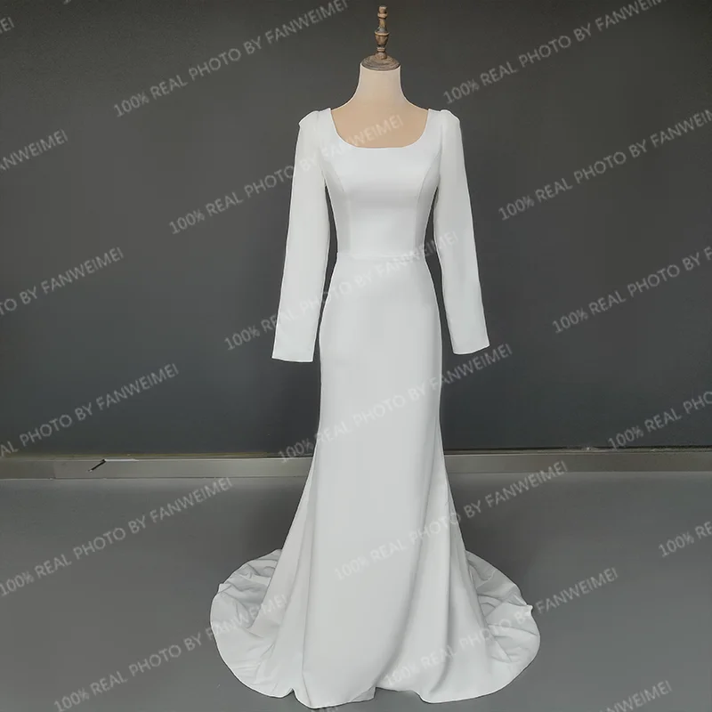 Robe de mariée sirène en satin blanc élégant, col carré, manches longues, longueur au sol, robes de patients, robe de mariée dos nu en forme de U