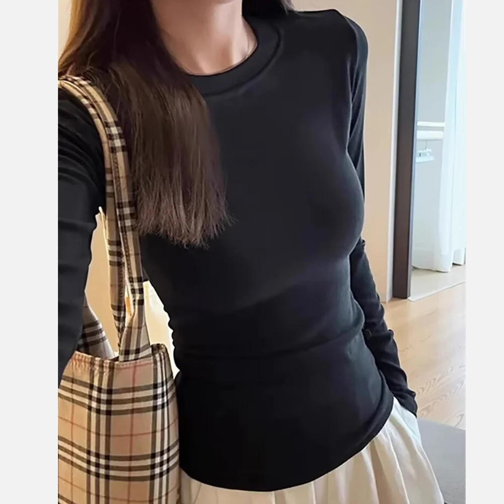 New Winter Warm Fleece lined Round Collar Tee Women Skinny Stretch Long Sleeve Base T-shirts Yoga Crop Blouses Femme Tops White