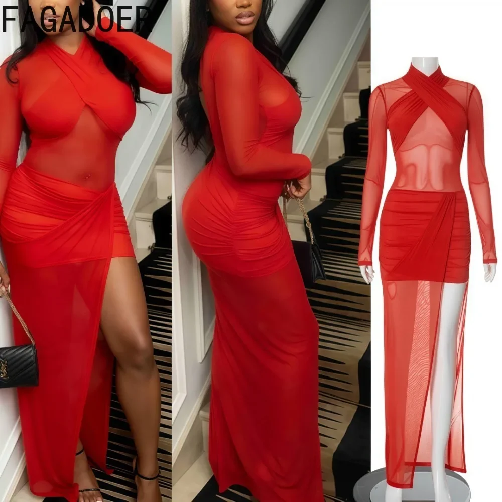 

FAGADOER Sexy Mesh Bodycon Dress Women Red See through Backless ruched patchwork Dresses lady party clubwear vestidos 2025 new