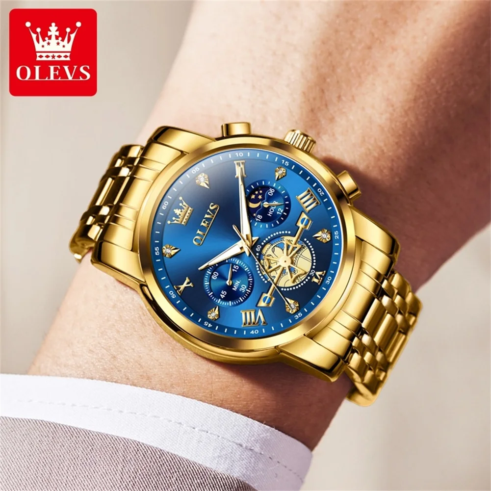 OLEVS 2856 Quartz Watch for Men High Quality Stainless steel Chronograph  Moon Phase Waterproof Male Wristwatch reloj hombre