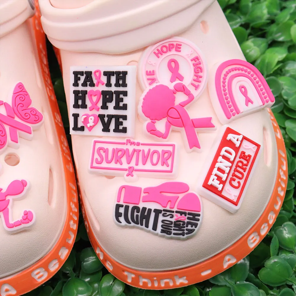 Mix 50pcs PVC Shoe Charms Believe Fight Cancer Picked The Wrong Girl Survivor Faith Hope Love Sandal Shoes Decoration Adult Gift