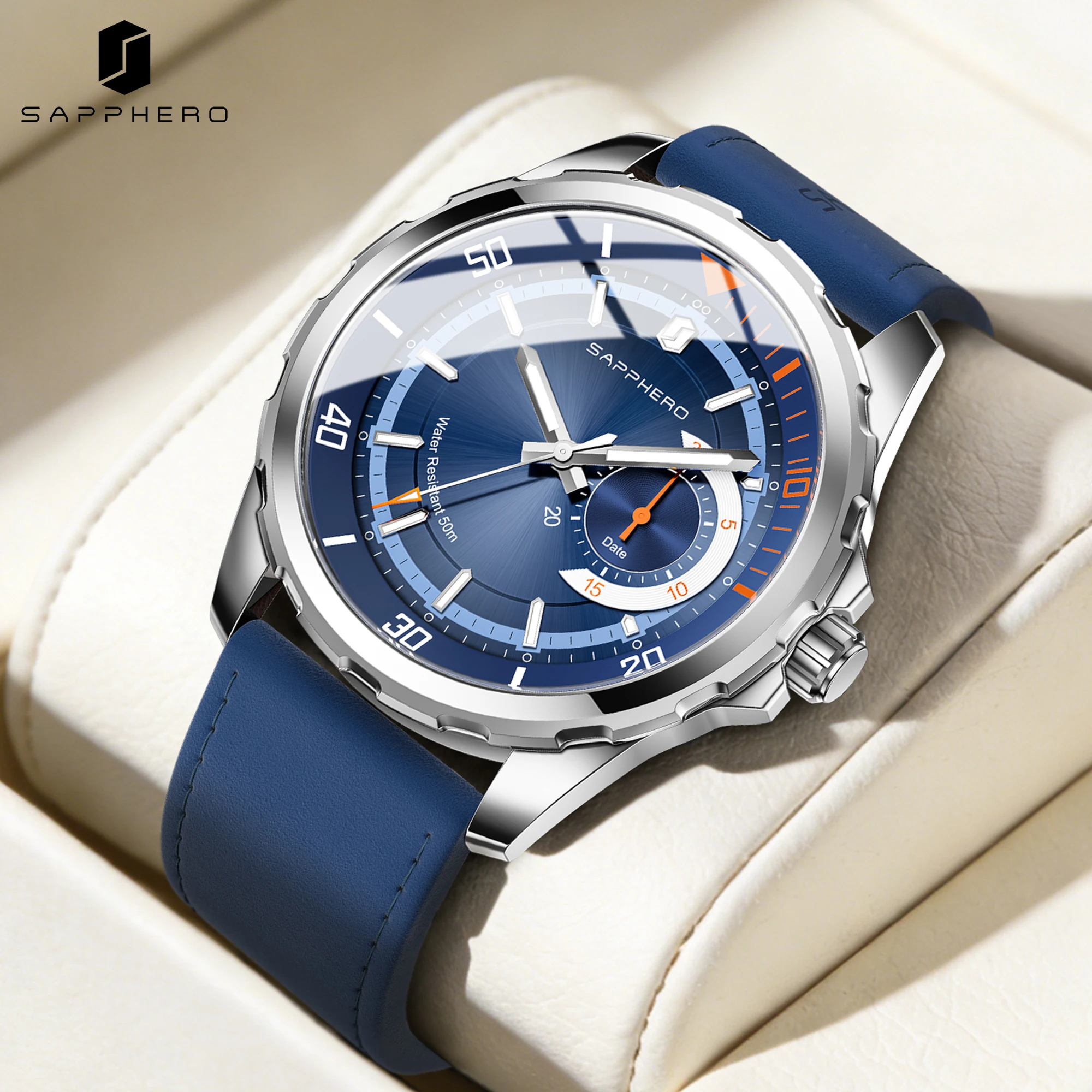 

SAPPHERO Men's Quartz Watch 50M Waterproof Date Display Sport Casual Wristwatch Leather Strap Hardlex Crystal Lightweight Gift
