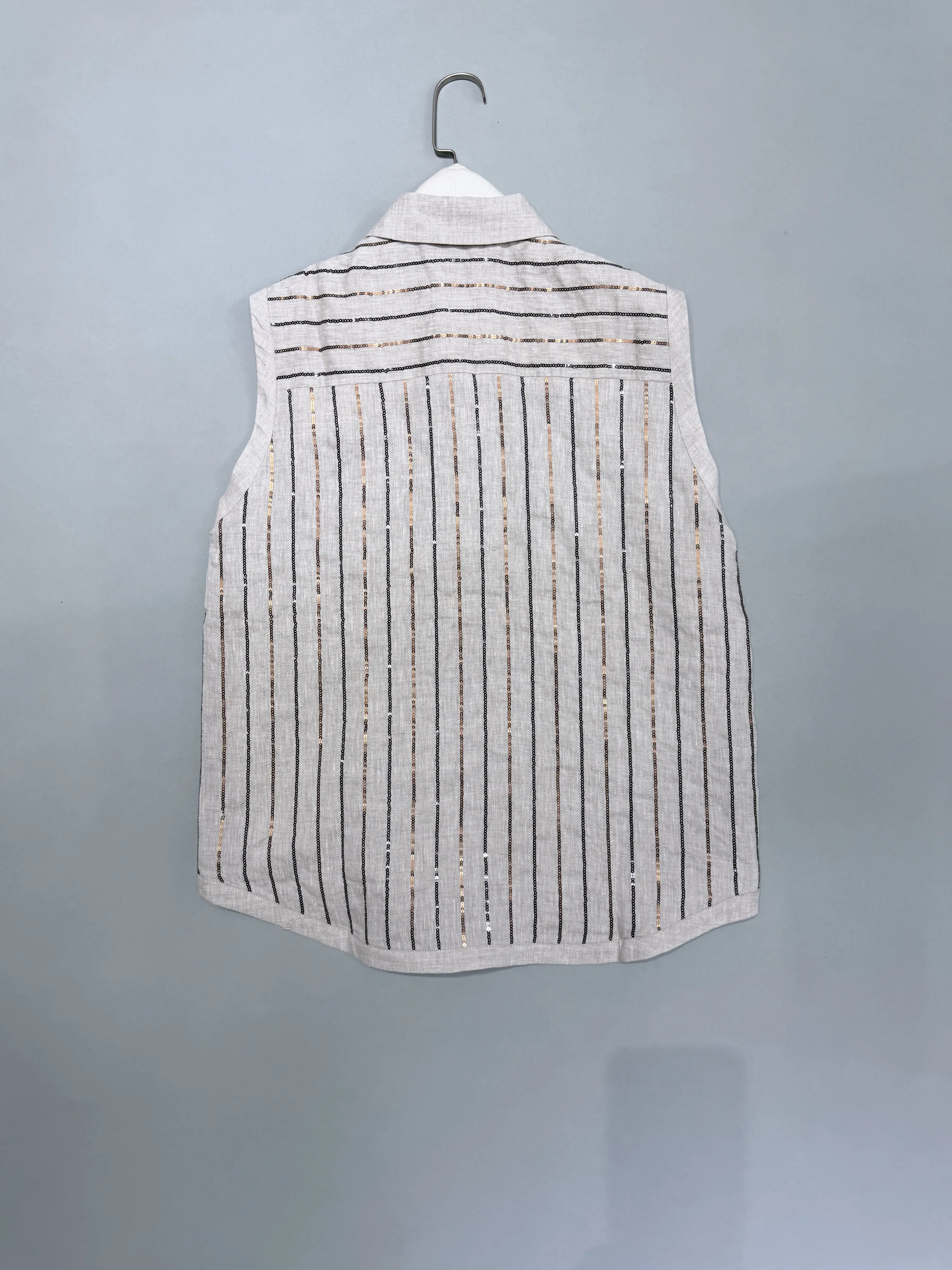 Women's Matching Sets Heavy-Duty Striped Sequined 100 Linen Vest Sleeveless Shirt With Shorts 2 Piece Set view 4