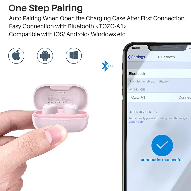 سماعات أذن TOZO TWS مجددة داخل الأذن سماعات بلوتوث لاسلكية مع ميكروفون للتحكم باللمس رياضي مقاوم للماء لهاتف Iphone Android